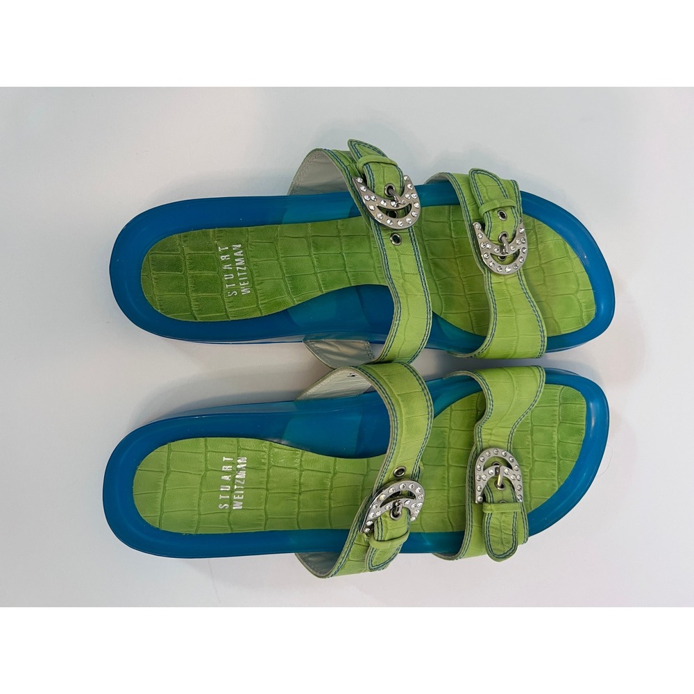 Stuart Weitzman Lime Green Croc Crystal Buckle Blue Jelly Platform Sandals 8.5M